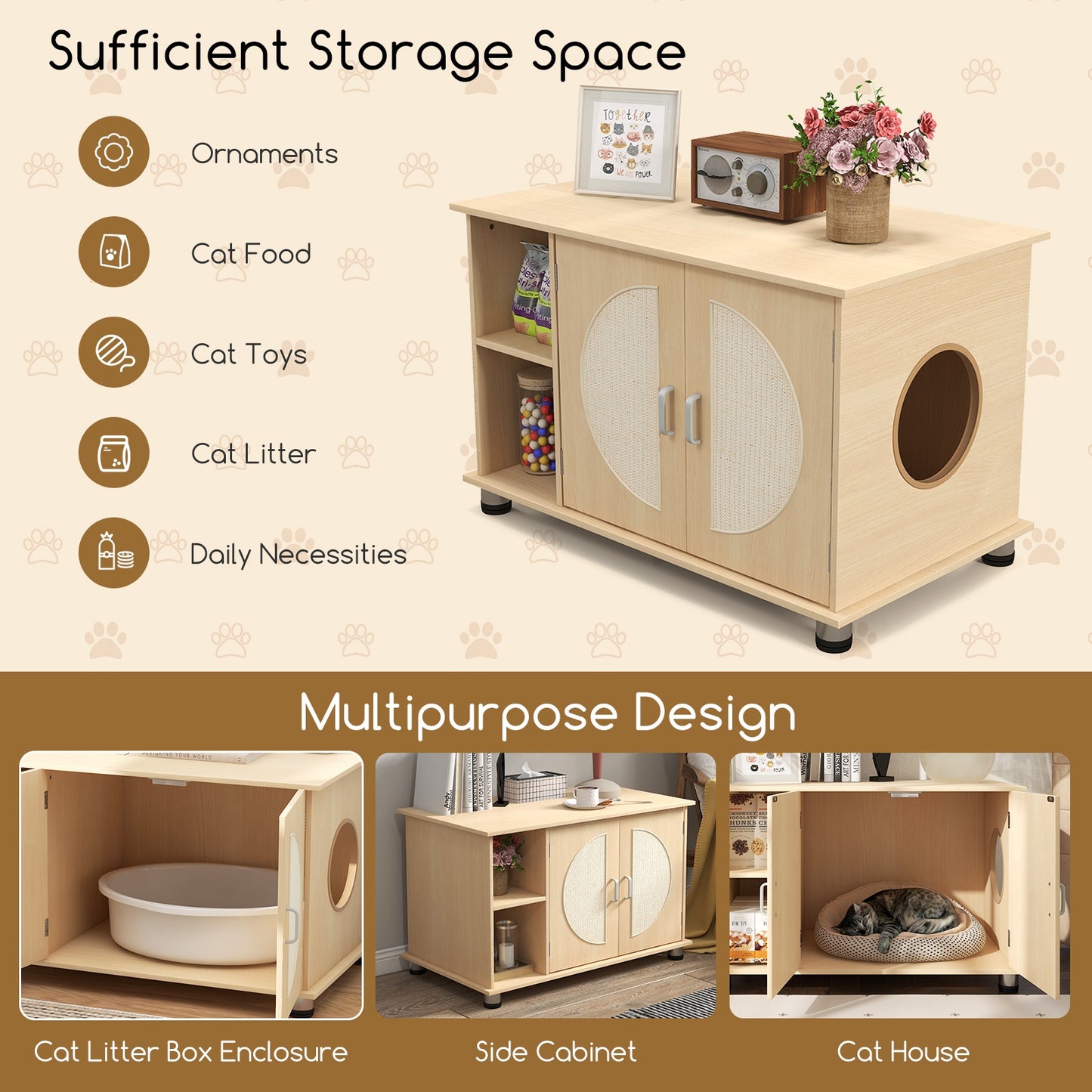Cat Litter Box Enclosure with Sisal Scratching Doors and Adjustable Metal Feet, Natural Cat Houses at Gallery Canada