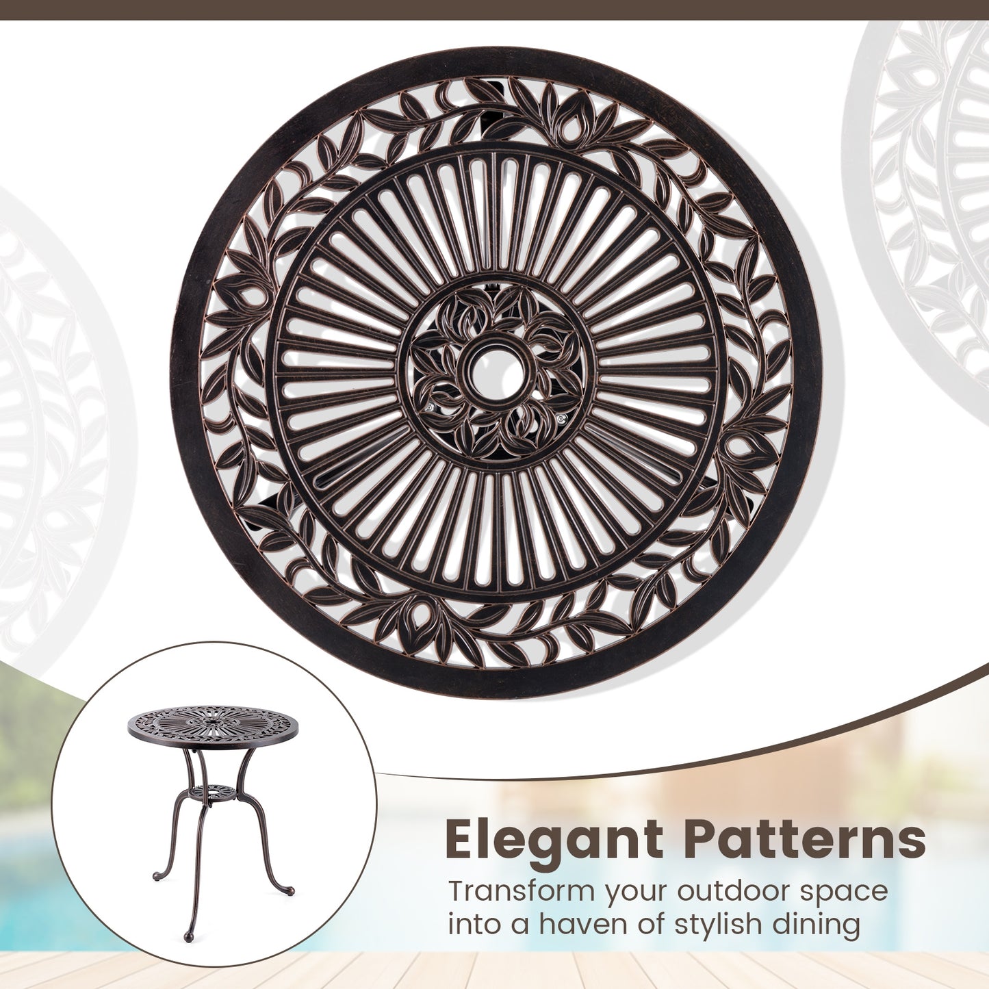 24 Inch Round Cast Aluminum Table Patio Dining Bistro Table with 2 Inch Umbrella Hole, Copper Patio Dining Tables at Gallery Canada