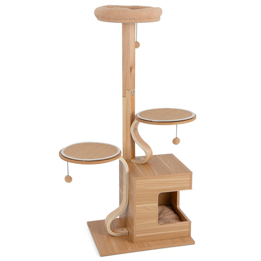 4-Layer Wooden Cat Tree 51" Tall Cat Tower with Condo and Washable Cushions, Natural