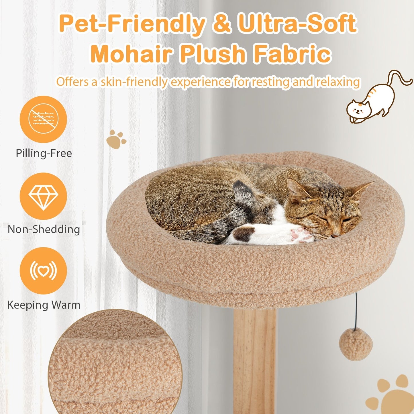 4-Layer Wooden Cat Tree 51" Tall Cat Tower with Condo and Washable Cushions, Natural
