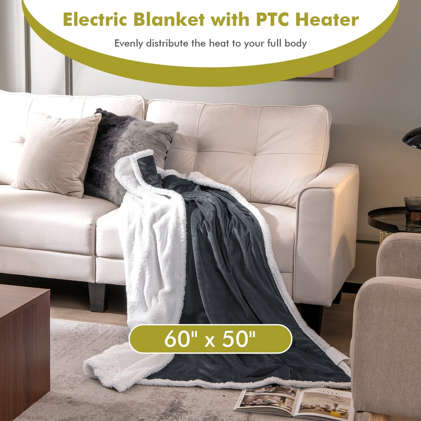 Heated Electric Blanket Throw with 10 Heat Levels, Gray