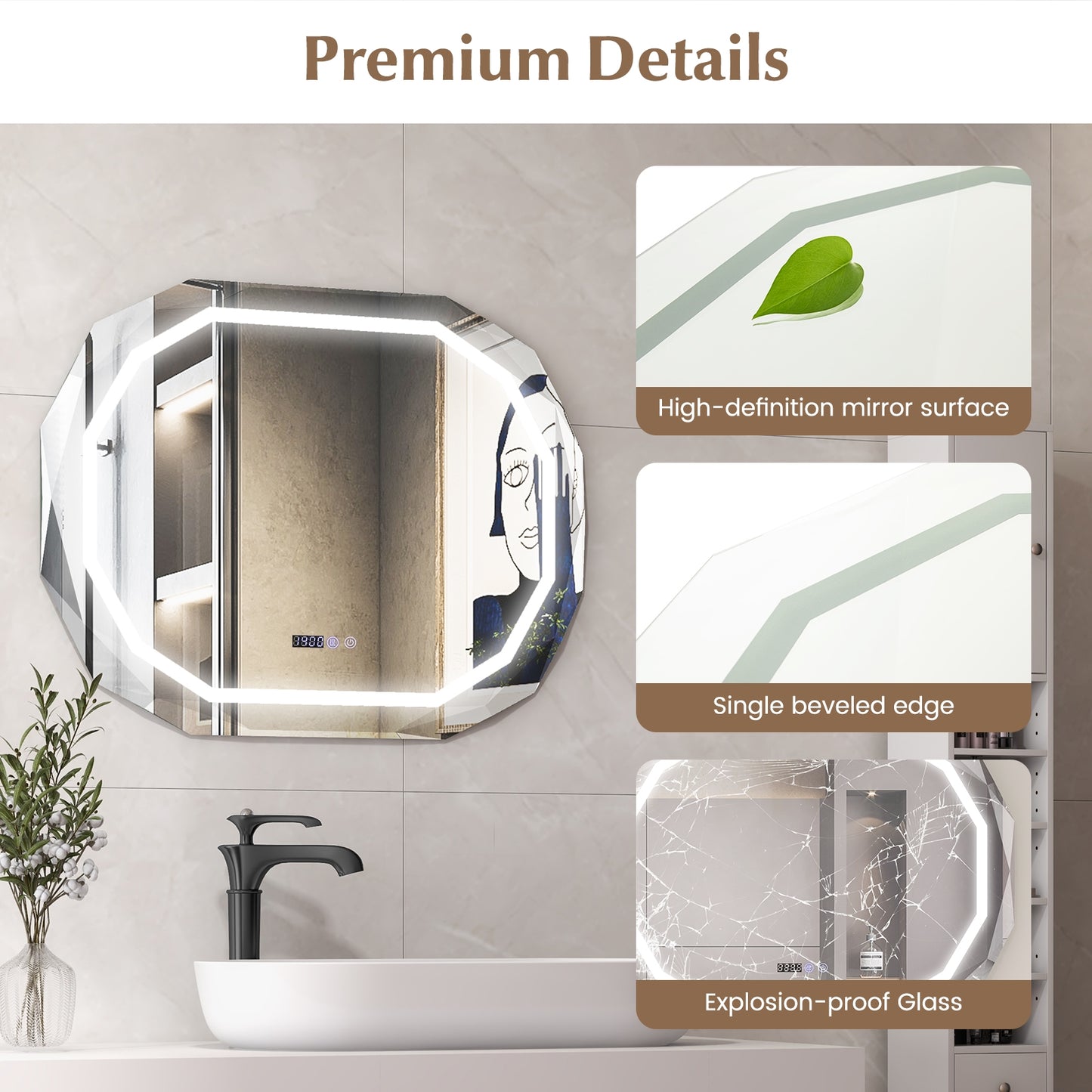 Anti-Fog Bathroom Mirror, 3 Color LED Light Memory, White Wall Mirrors at Gallery Canada