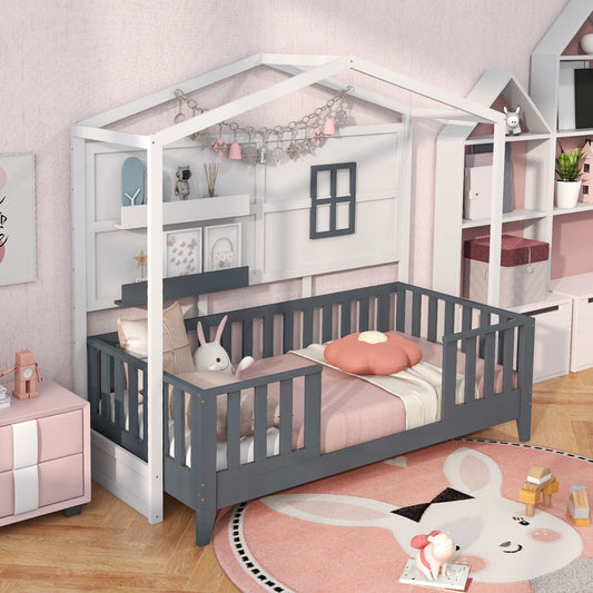 Twin Wood House Bed, Montessori Floor Bed, 2 Shelves, Guardrails, White, Gray Toddler Beds Gray & White at Gallery Canada