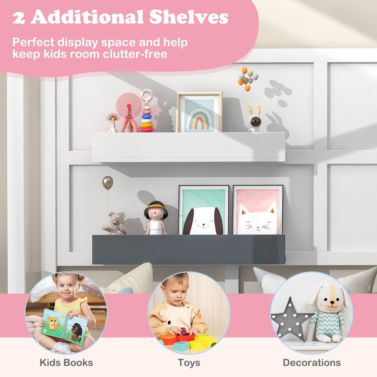 Twin Wood House Bed, Montessori Floor Bed, 2 Shelves, Guardrails, White, Gray Toddler Beds at Gallery Canada