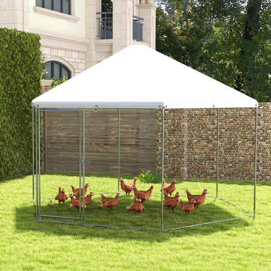 13FT Large Metal Hexagonal Chicken Coop with Wire Mesh and Lockable Door, Silver Chicken Coops Silver at Gallery Canada