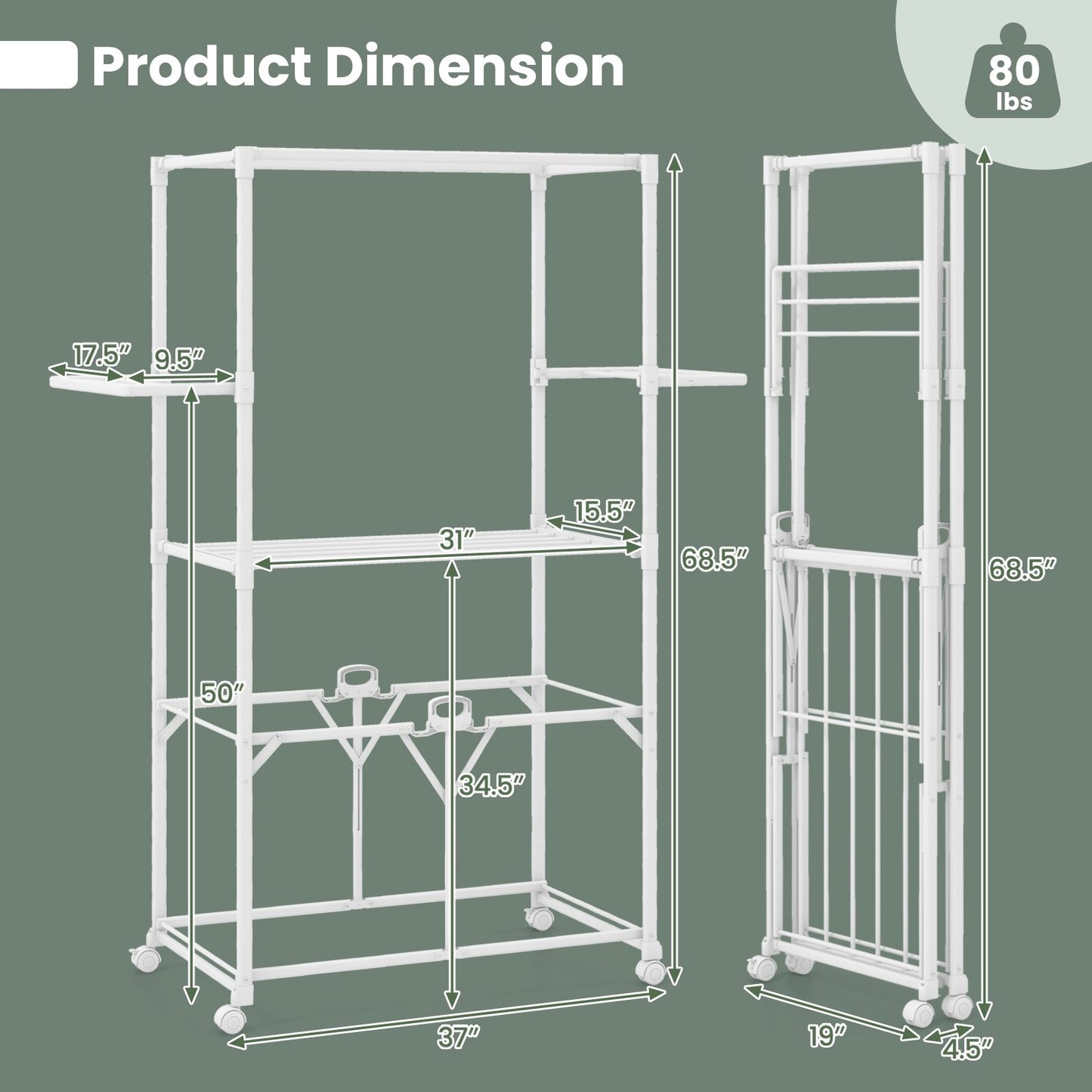 68.5 Inches Foldable Aluminum Laundry Rack with Hanging Rods and Drying Shelves, White