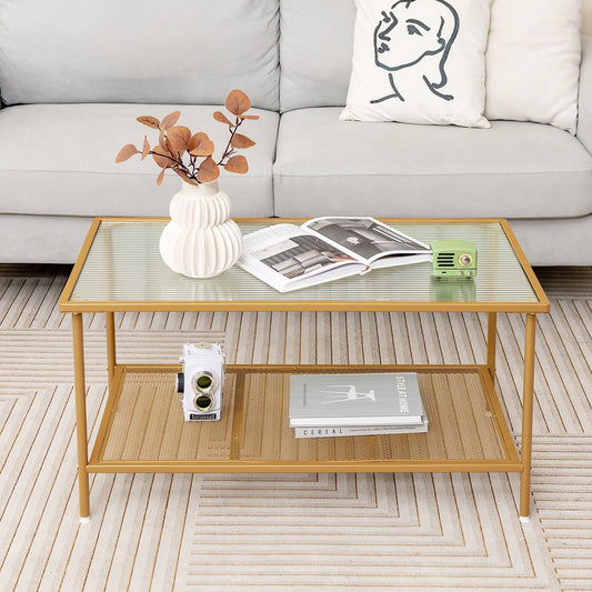 2-Tier Coffee Table with Shelf Center Tea Table with Tempered Glass Top, Golden Coffee Tables Golden at Gallery Canada