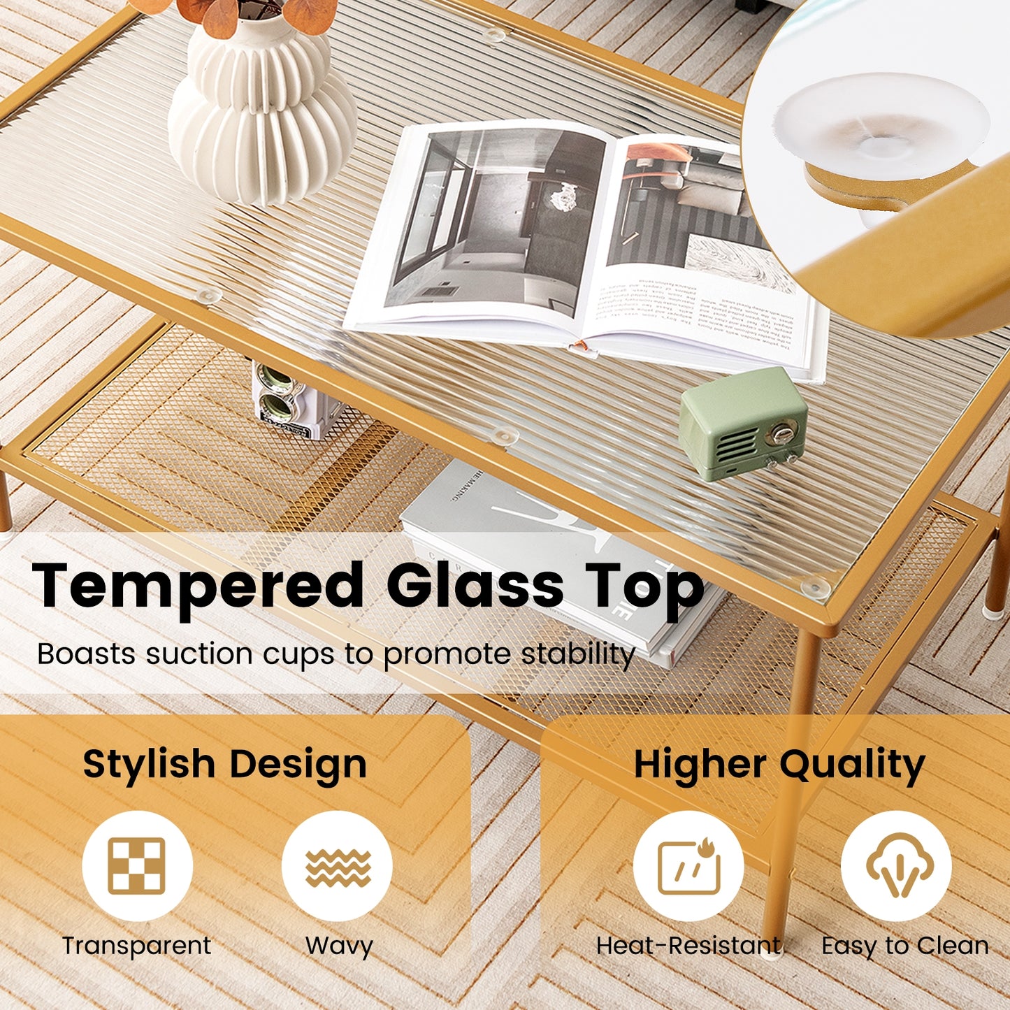 2-Tier Coffee Table, Tempered Glass Top, Golden Coffee Tables at Gallery Canada