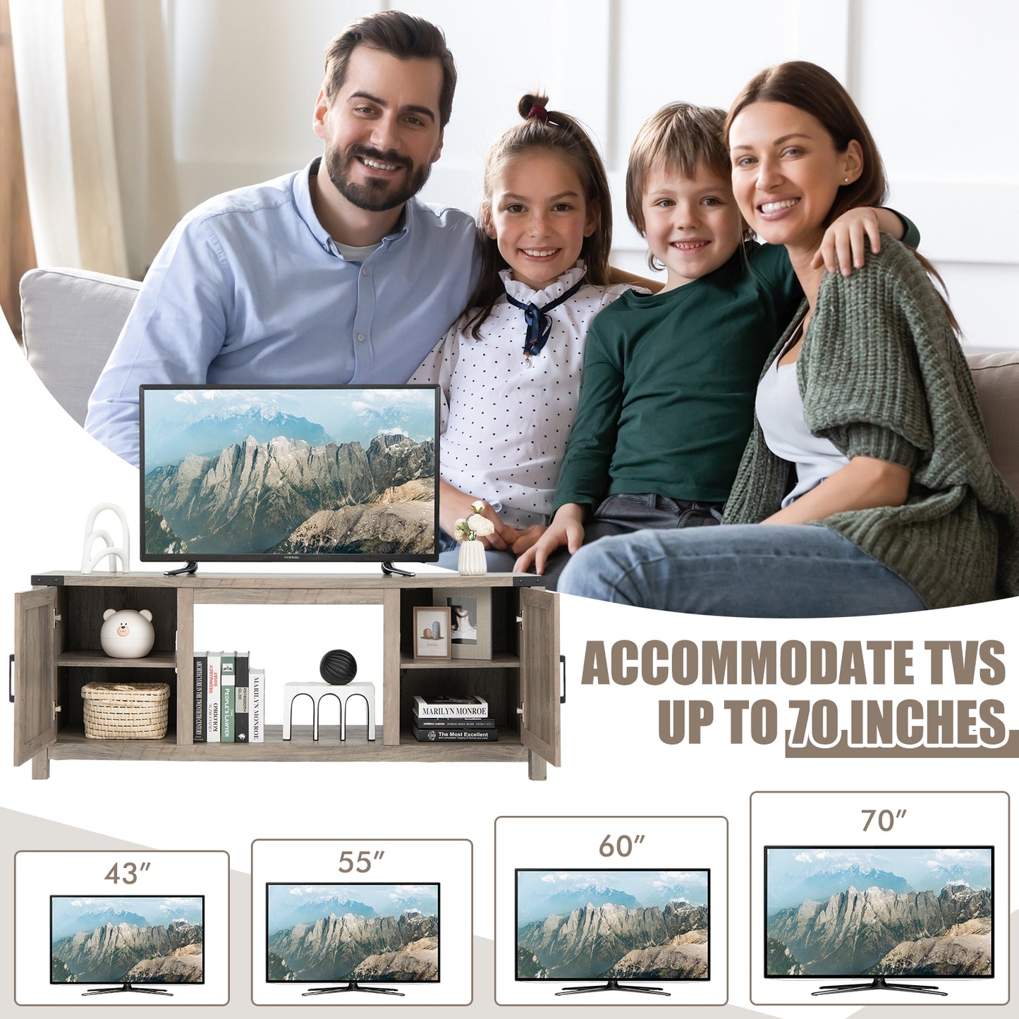 Electric Fireplace TV Stand with Storage Cabinets for TVs up to 70 Inch, Natural Entertainment Centers & TV Stands at Gallery Canada