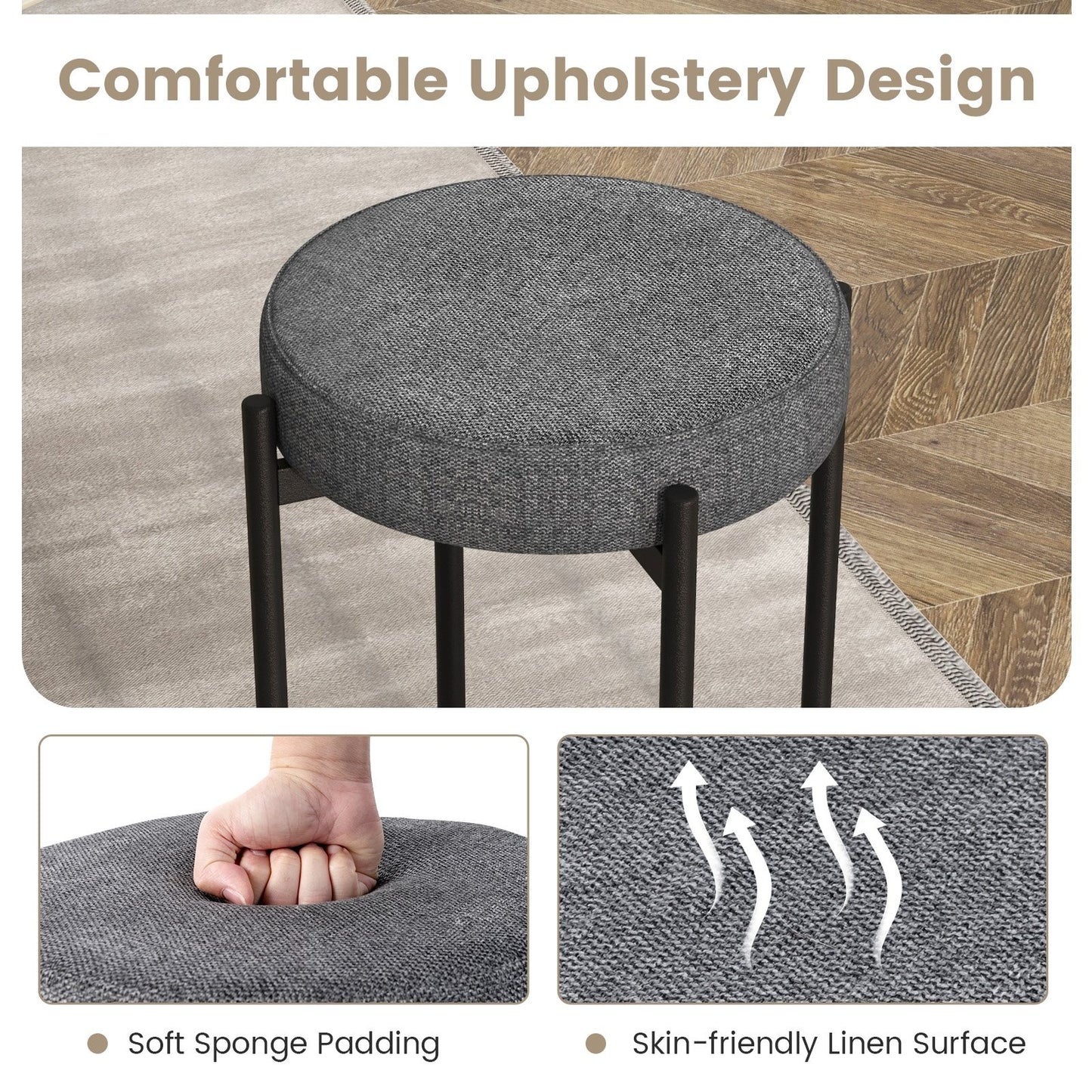 Bar Stools Set of 4 Upholstered Kitchen Stools with Foot Pads, Dark Gray