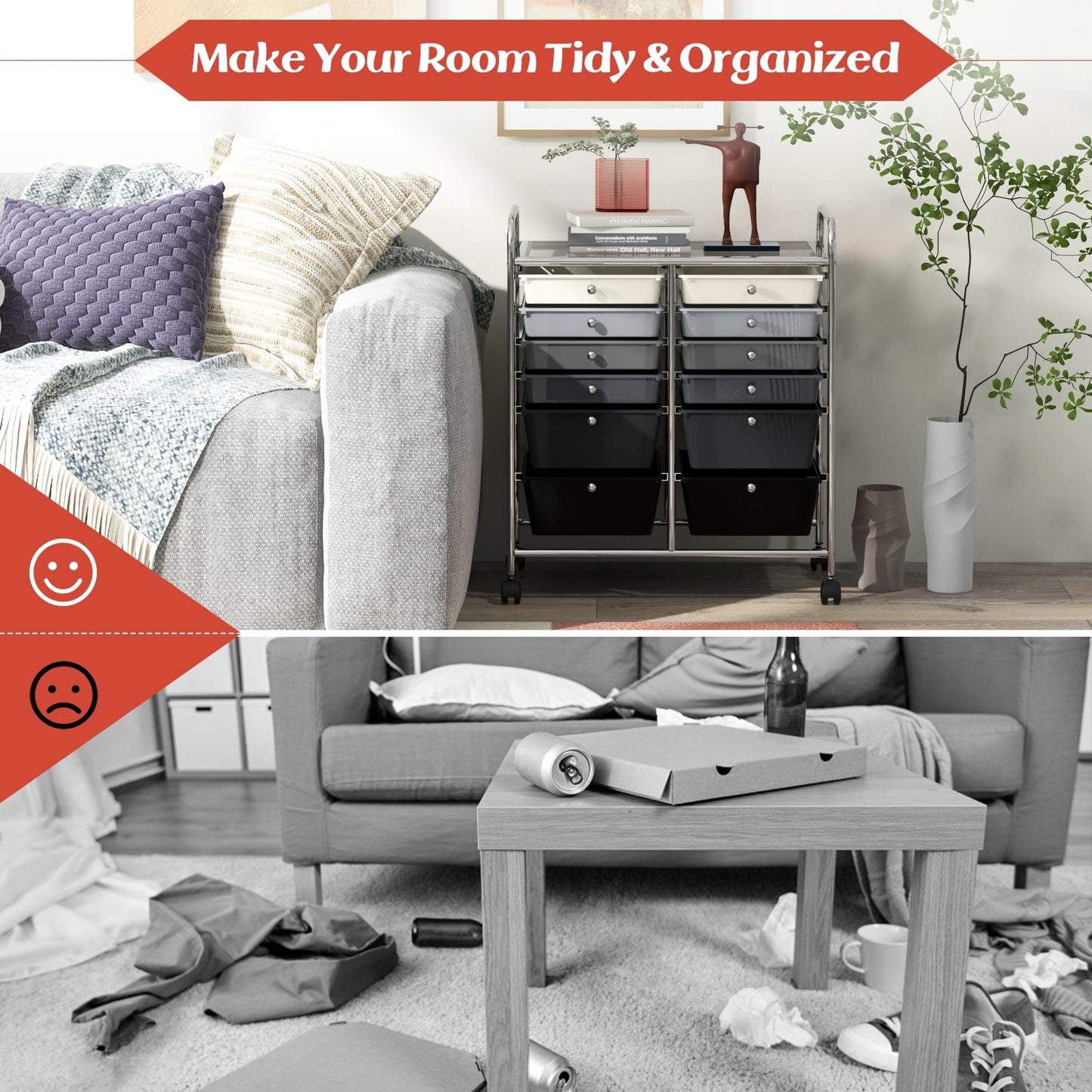 12-Drawer Rolling Storage Cart with Removable Drawers and Lockable Wheels, Gray File Cabinets at Gallery Canada