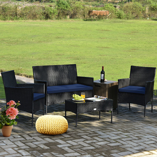 4 Pieces Patio Rattan Cushioned Sofa Set with Tempered Glass Coffee Table, Navy Patio Conversation Sets Navy at Gallery Canada