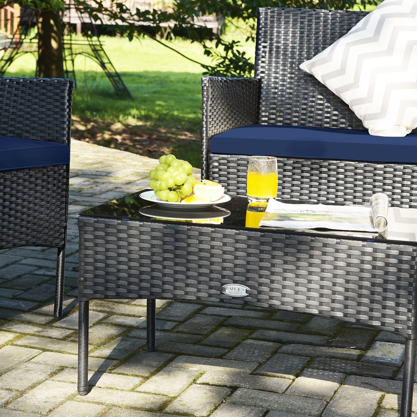 4 Pieces Patio Rattan Cushioned Sofa Set with Tempered Glass Coffee Table, Navy