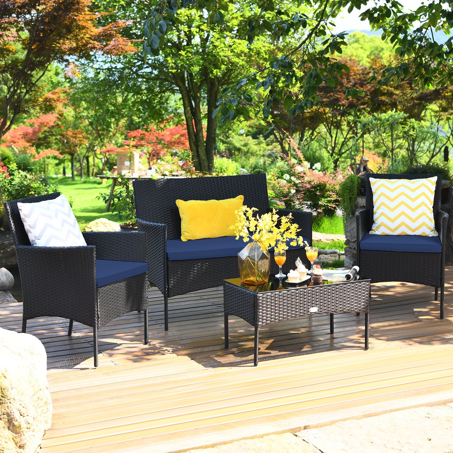 4 Pieces Patio Rattan Cushioned Sofa Set with Tempered Glass Coffee Table, Navy Patio Conversation Sets at Gallery Canada