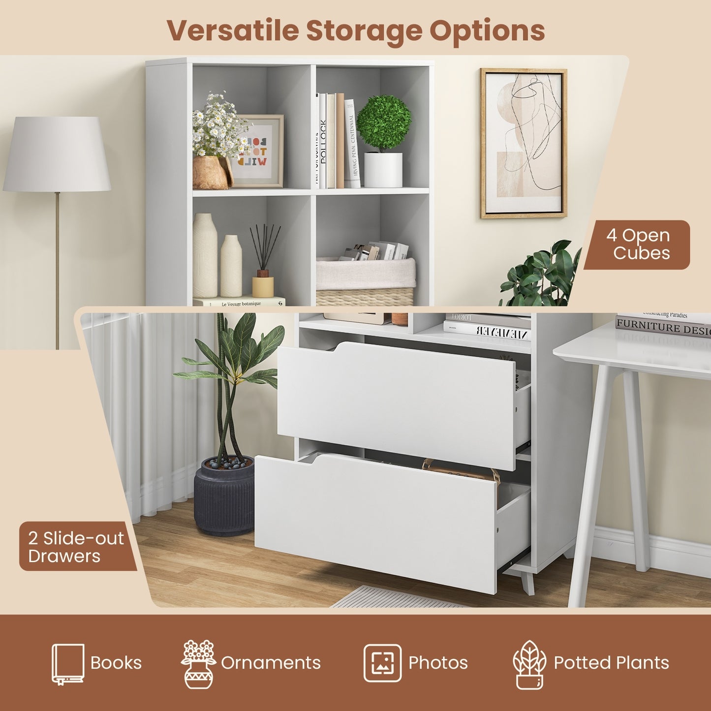 4-Tier Bookcase With 2 Drawers, 4 Storage Cubes, White Bookcases at Gallery Canada