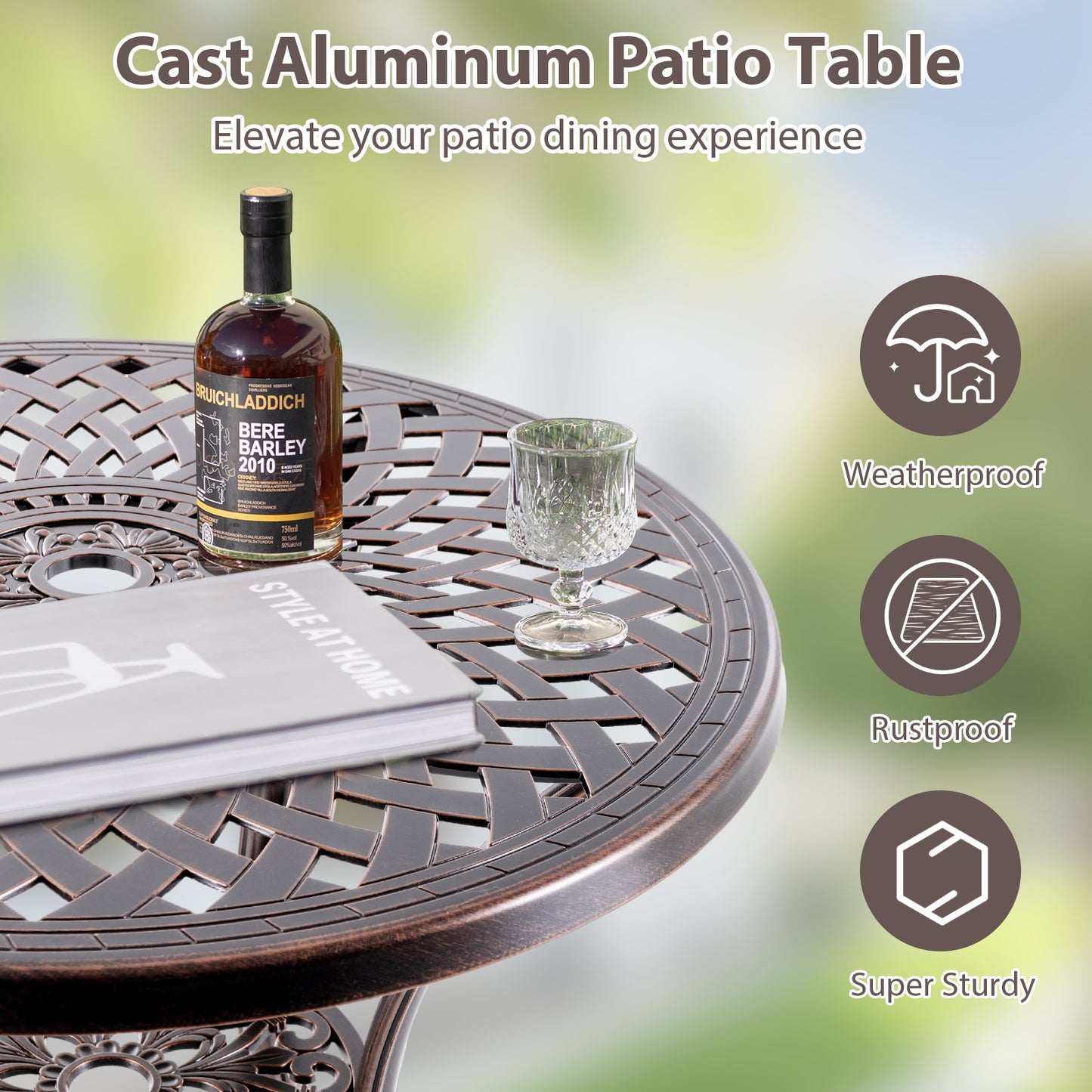 Cast Aluminum Patio Table, 31 Inch Round, Umbrella Hole, Copper Patio Dining Tables at Gallery Canada