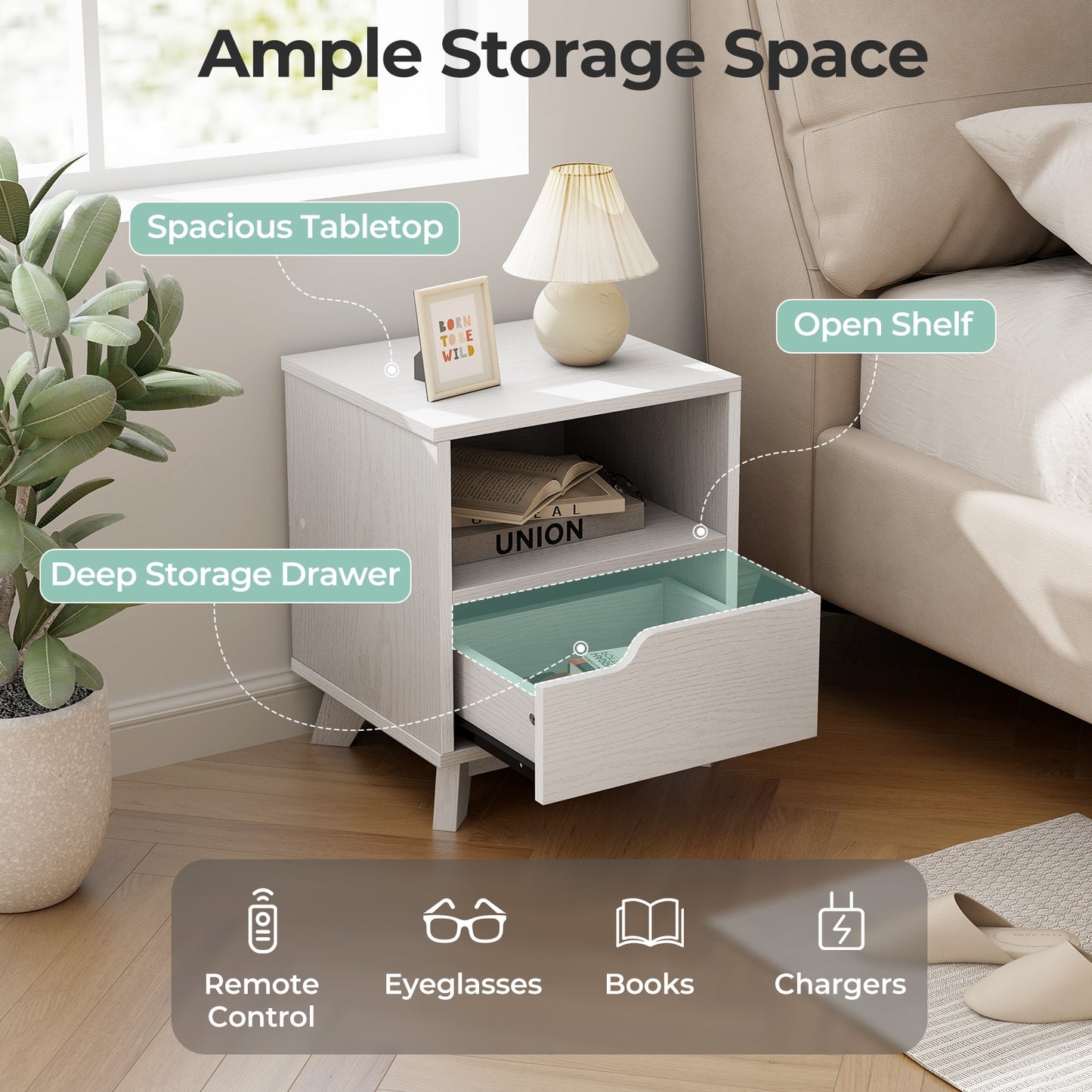 Mid Century Modern Bedside Table, Storage Drawer, Open Shelf, White