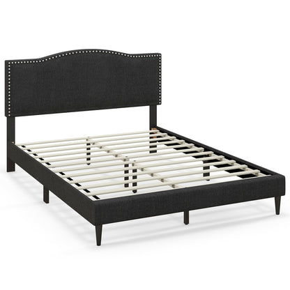 Queen Size Upholstered Bed Frame with Nailhead Trim Headboard-Queen Size, Black