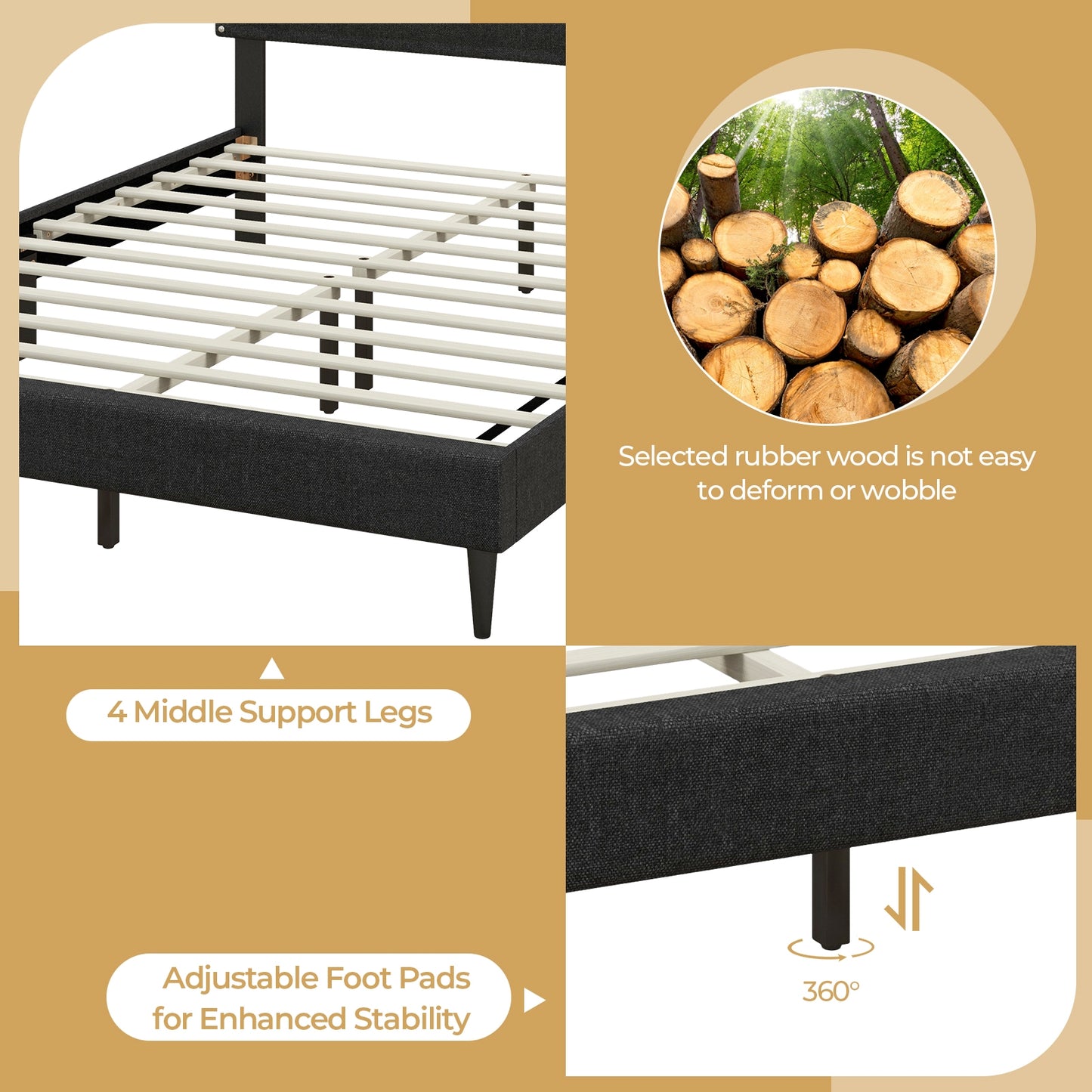 Queen Size Upholstered Bed Frame, Nailhead Trim Headboard, Black Simple Bed Frame at Gallery Canada