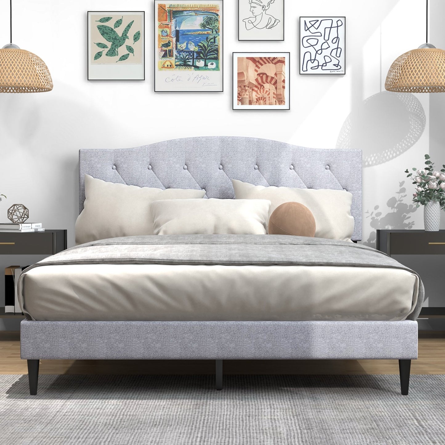 Queen Size Upholstered Platform Bed with Button Tufted Headboard-Queen Size, Gray