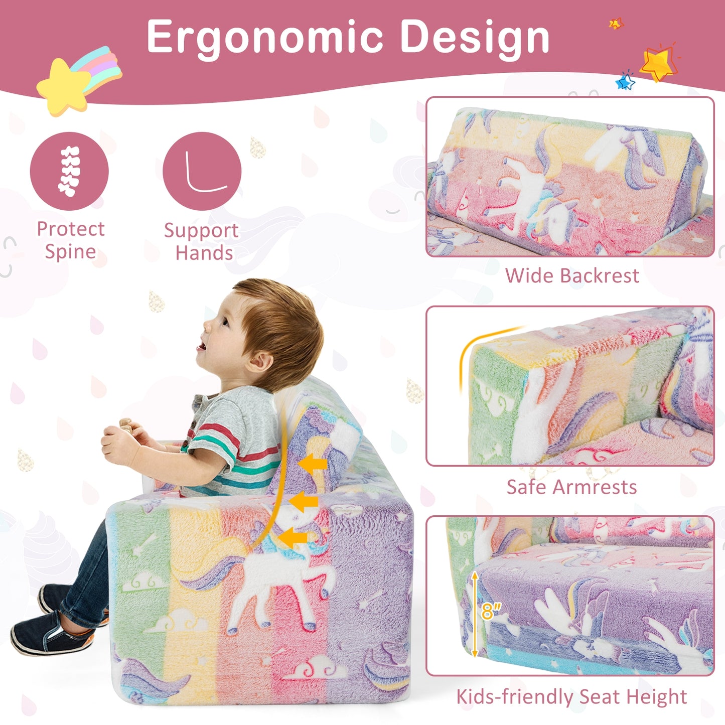 2-in-1 Flip Out Kids Sofa Chair, Detachable Flannel Cover, Glowing Patterns Kids Chairs & Seating at Gallery Canada