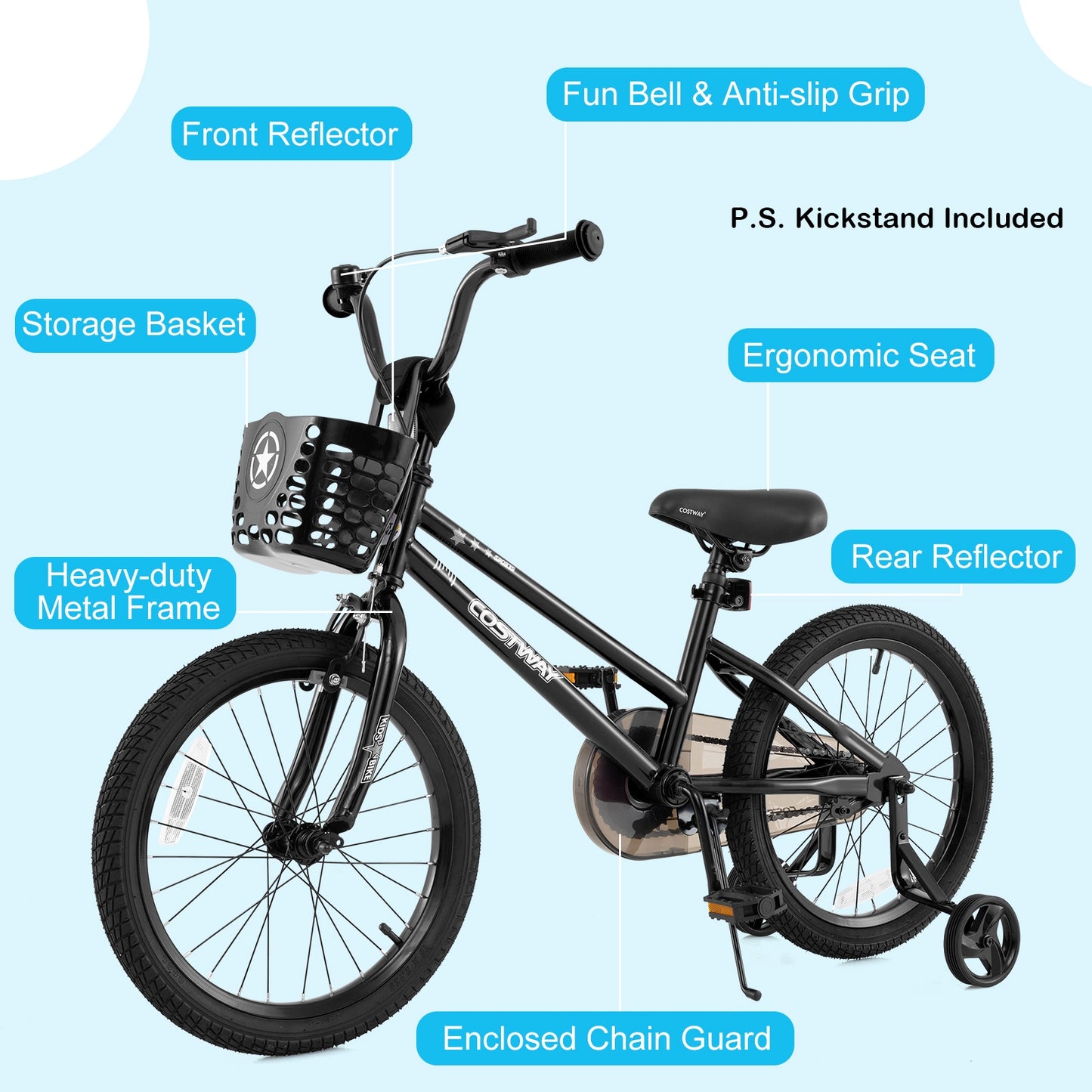 18 Inch Kids Bike With Basket, Training Wheels, Black