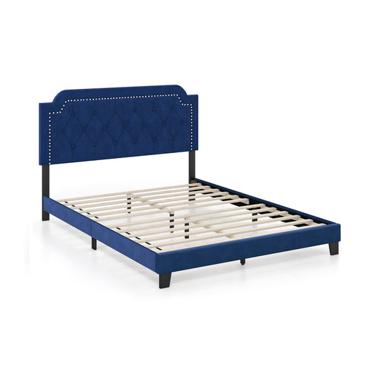 Queen Size Velvet Platform Bed with Button Tufted and Nailhead Trim Headboard-Queen Size, Blue