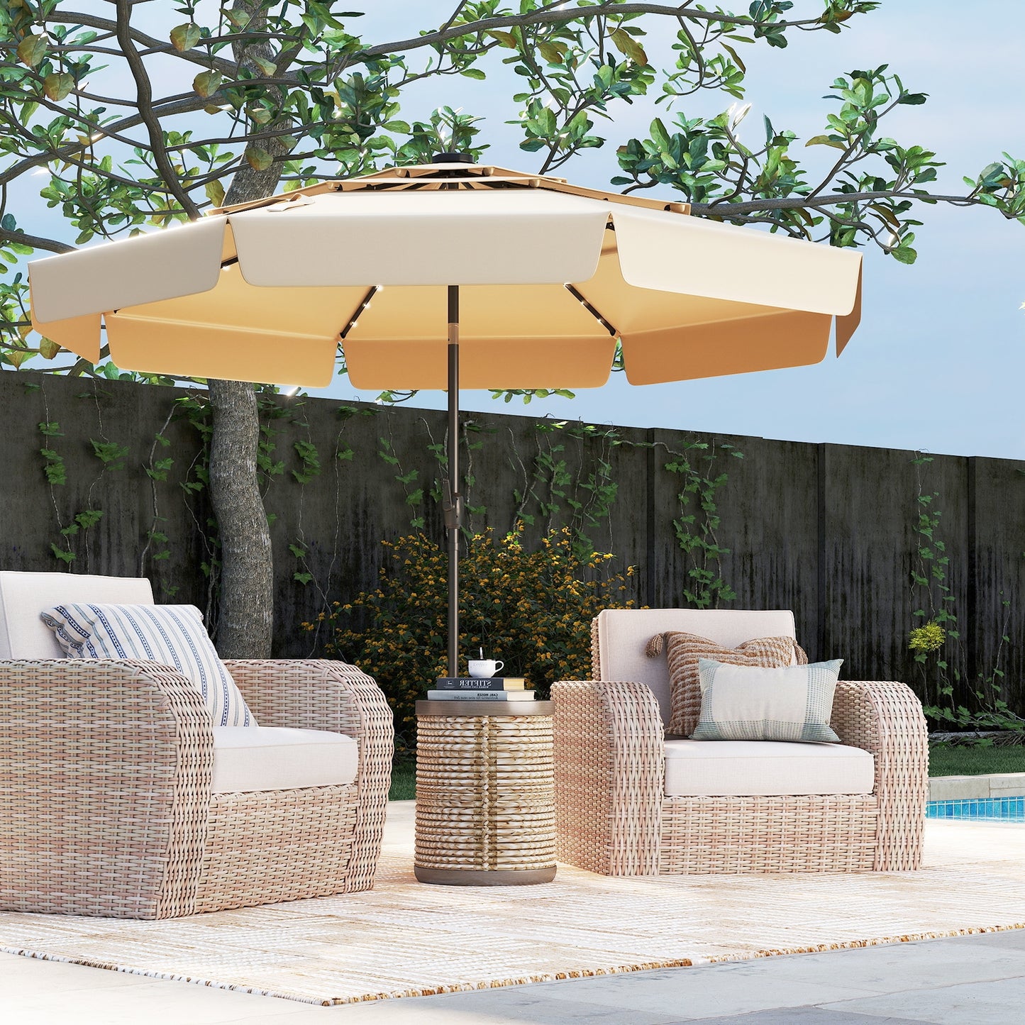 10 Feet Solar Patio Umbrella, 3-Tier Vented Top, Beige Outdoor Umbrellas Beige at Gallery Canada