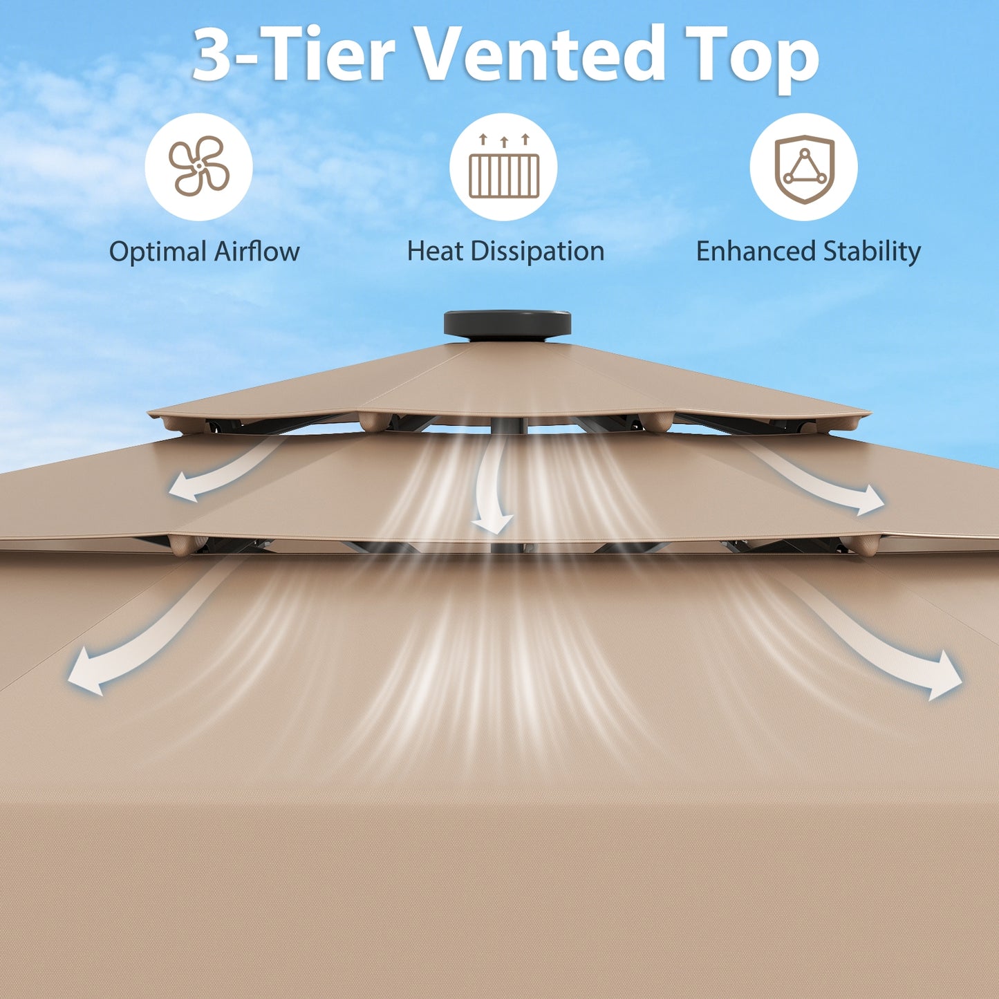 10 Feet Solar Patio Umbrella, 3-Tier Vented Top, Taupe Outdoor Umbrellas at Gallery Canada