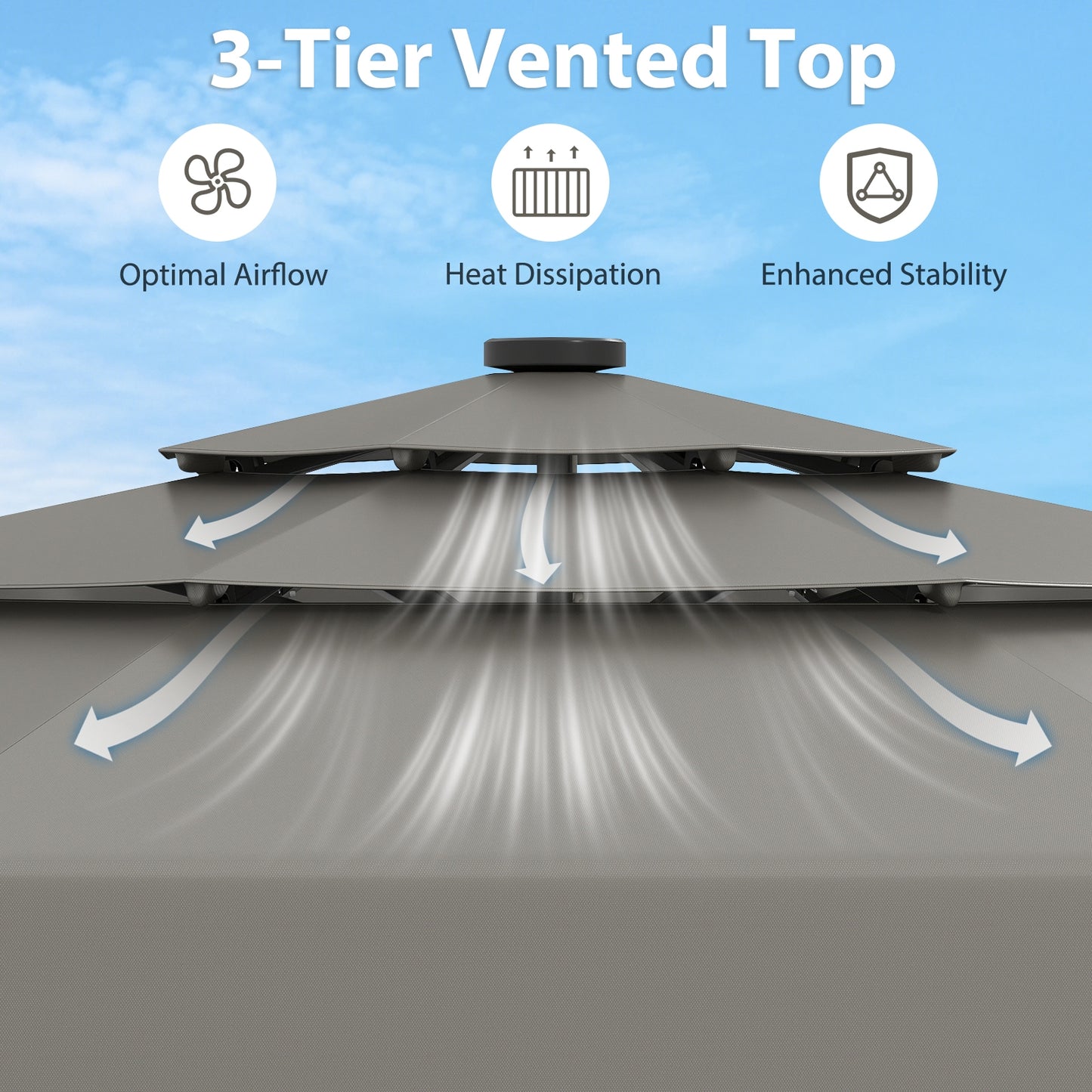 10 Feet Solar Patio Umbrella, 3-Tier Vented Top, Gray