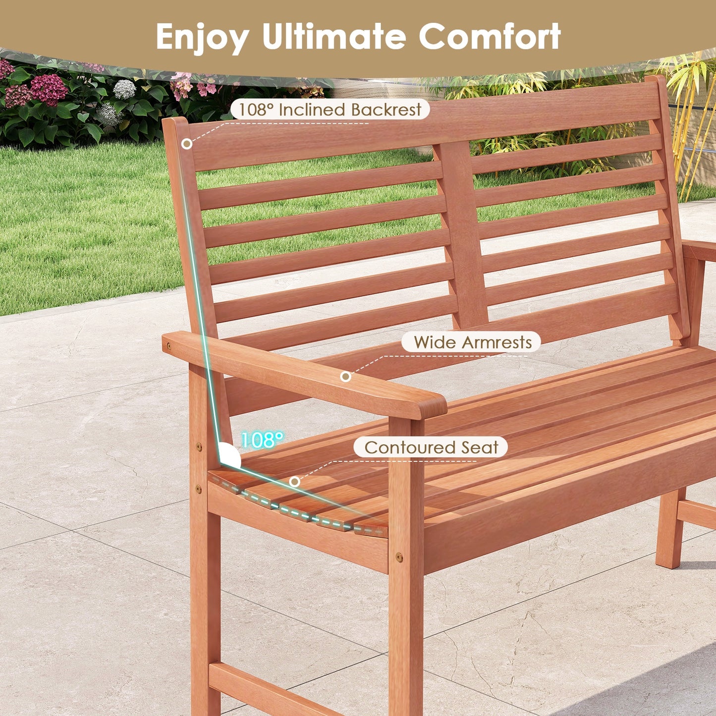 Solid Wood Outdoor Loveseat, 2-Seat Bench, Inclined Backrest, Natural Outdoor Benches at Gallery Canada