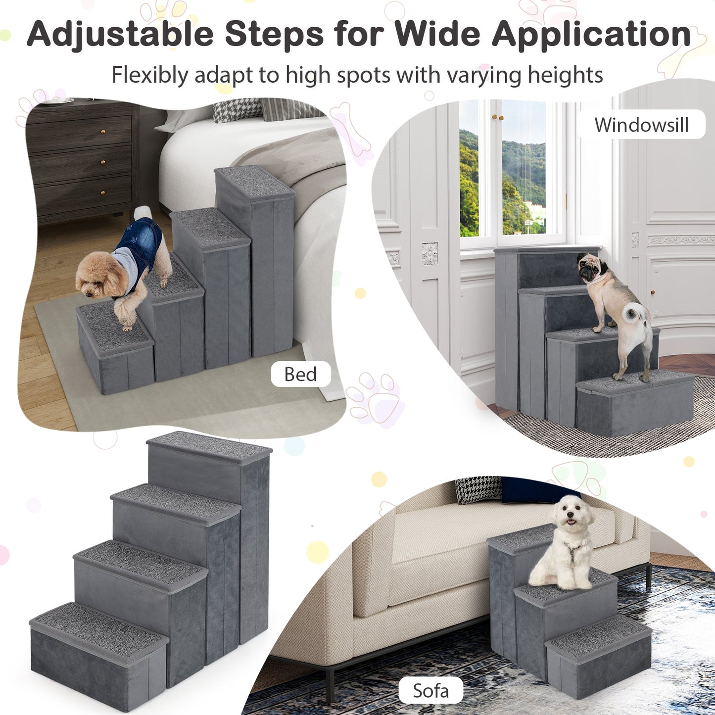 4-Step Dog Stairs Non-slip Foldable Dog Ramp with Adjustable Steps-Grey, Gray Dog Supplies at Gallery Canada