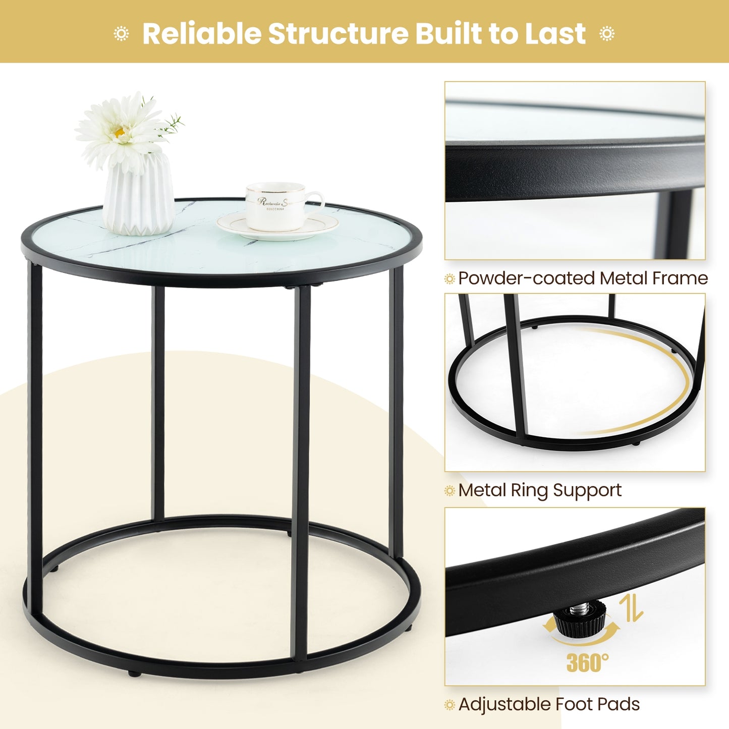 20 Inch Glass End Table, Metal Frame, Faux Marble Top, Black and White Coffee Tables at Gallery Canada