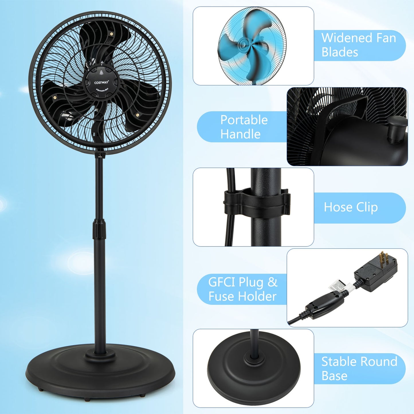 16 Inch Outdoor Misting Fan, Oscillating Pedestal, 3 Mist Levels, Black Fans at Gallery Canada