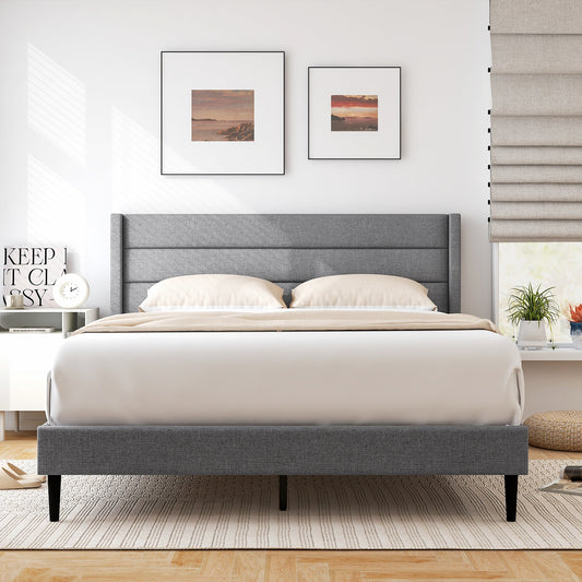 Linen Upholstered Platform Twin/Queen Bed Frame with Wingback Headboard-Queen Size Simple Bed Frame Grey at Gallery Canada