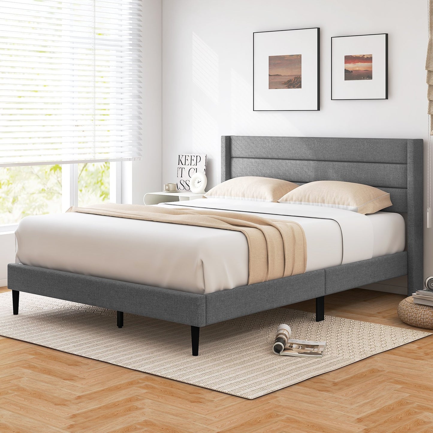 Linen Upholstered Platform Twin/Queen Bed Frame with Wingback Headboard-Queen Size