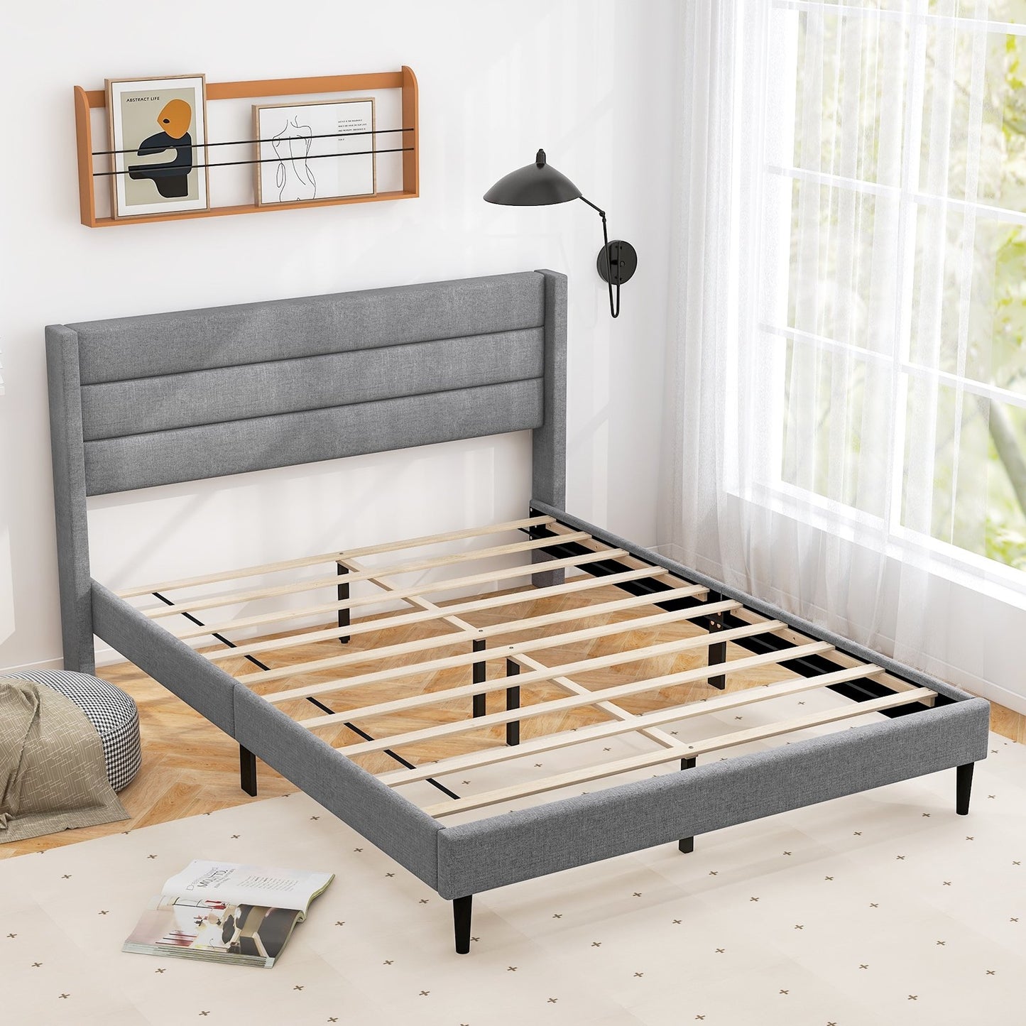 Linen Upholstered Platform Twin/Queen Bed Frame with Wingback Headboard-Queen Size