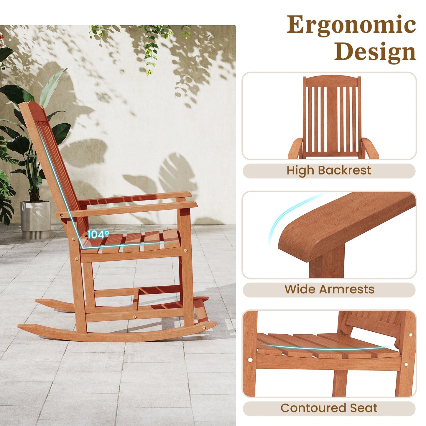 Solid Wood High Back Rocking Chair, Slatted Seat, Natural Patio Rocking Chairs & Gliders at Gallery Canada