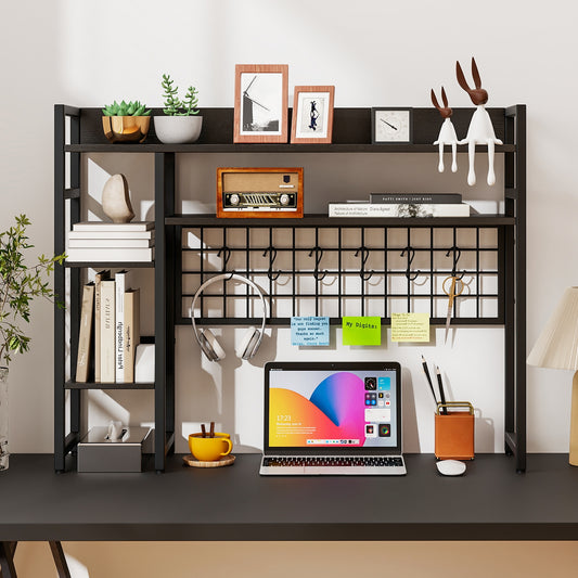 4-Tier Desk Shelf, Metal Grid Panel With 6 Hooks, Black Bookcases Black at Gallery Canada