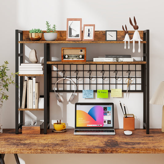 4-Tier Desk Shelf, Metal Grid Panel, 6 Hooks, Brown Bookcases Rustic Brown at Gallery Canada