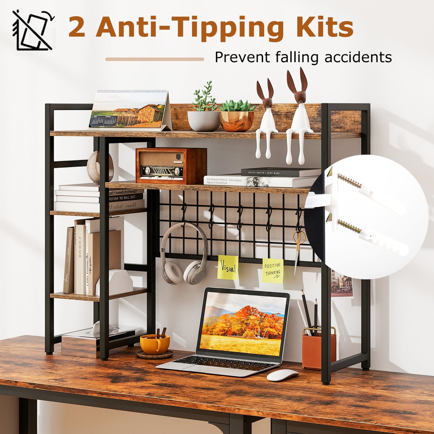 4-Tier Desk Shelf Desktop Display Rack with Metal Grid Panel and 6 Hooks, Rustic Brown Bookcases at Gallery Canada