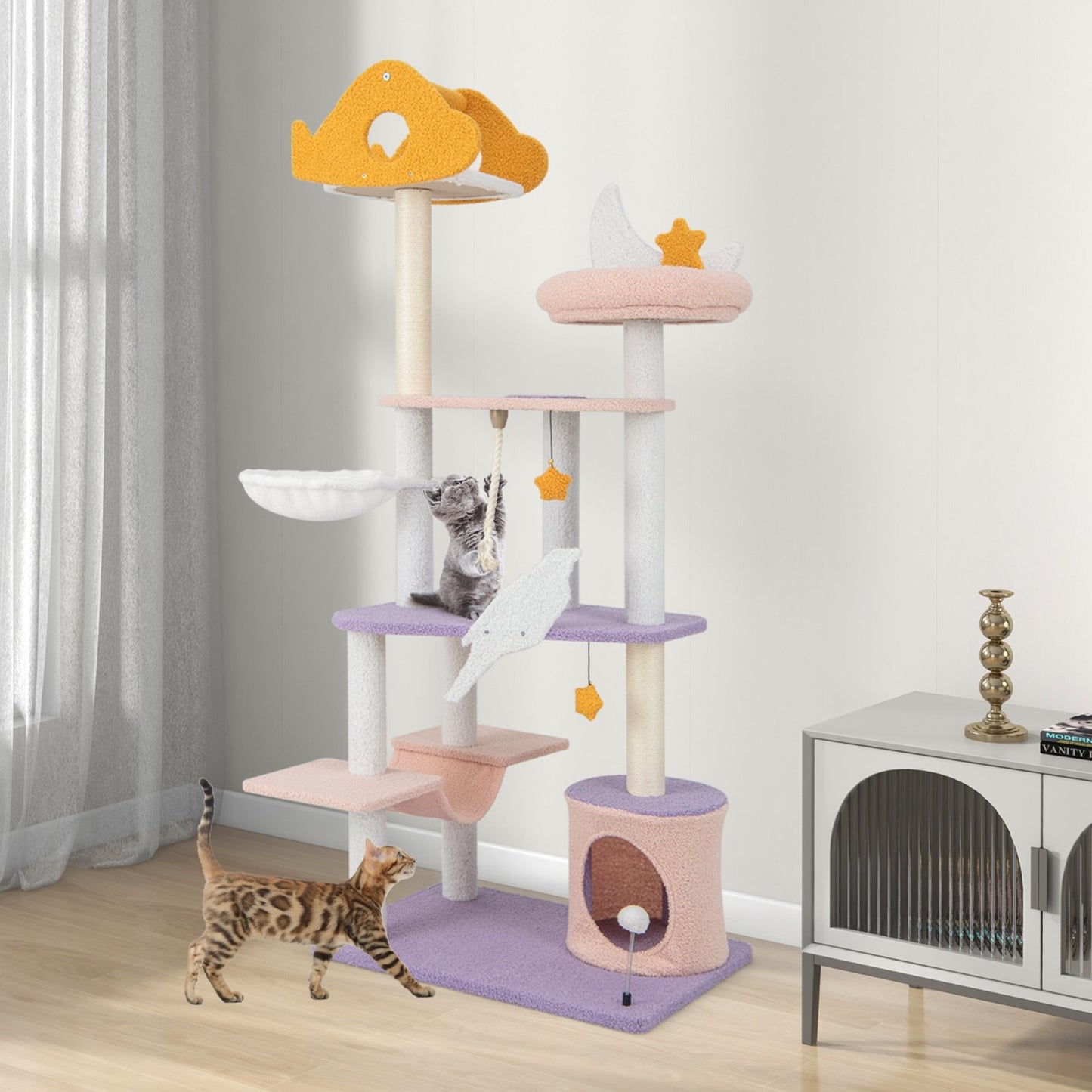 66" Cute Cat Tree Cats Multi-level Tall Cat Tower w/ Sisal Covered Scratching Posts, Purple