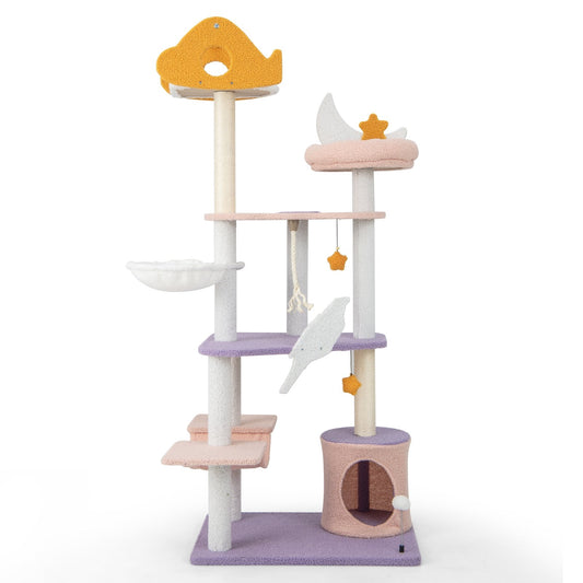 66" Cute Cat Tree Cats Multi-level Tall Cat Tower w/ Sisal Covered Scratching Posts, Purple