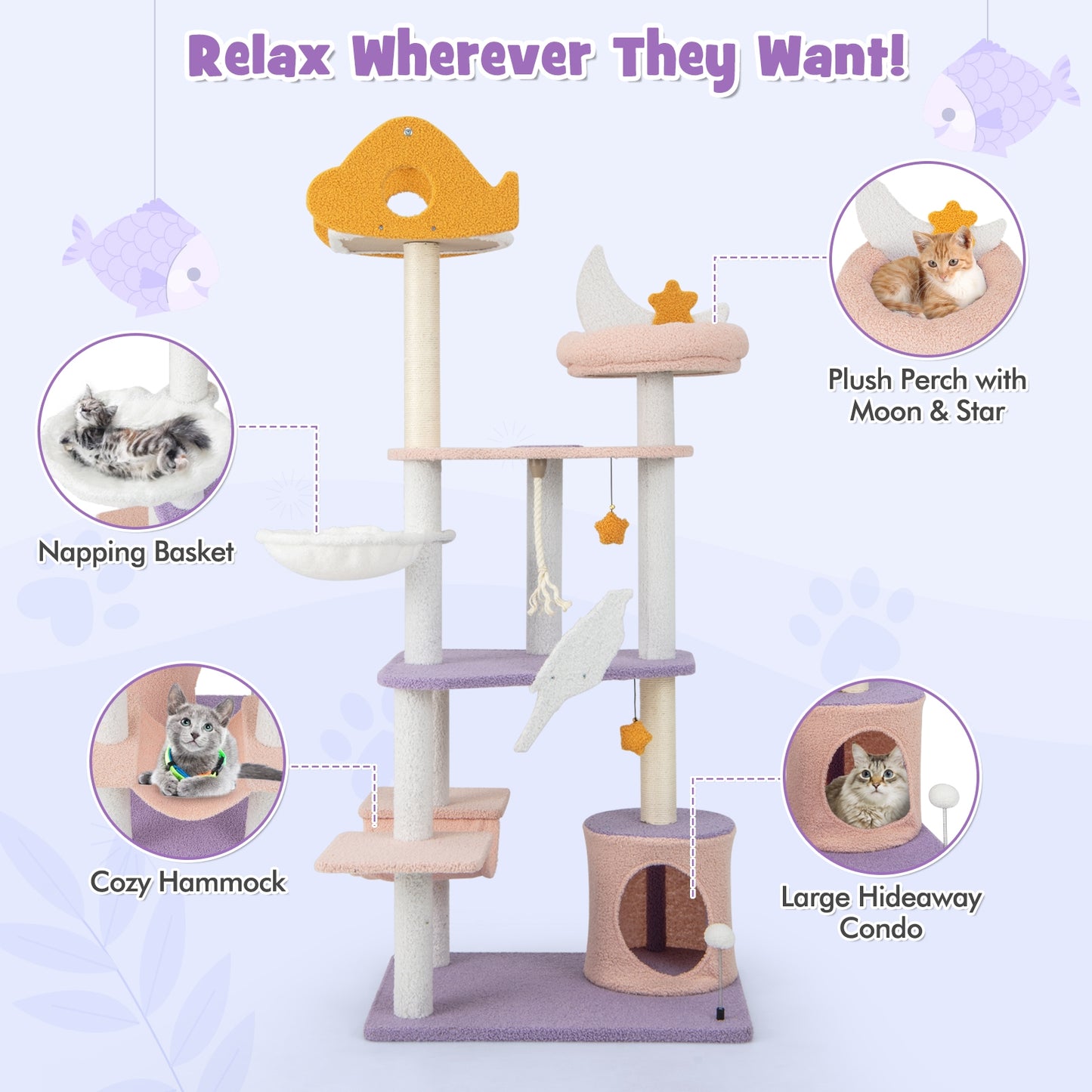 66 Inch Multi-Level Cat Tree Tower, Sisal Scratching Posts, Purple Cat Trees Condos & Scratchers at Gallery Canada