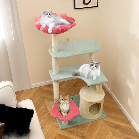 49 Inch Multi-Level Floral Kitten Tower, Flower-Shaped Plush Perch, Multicolor