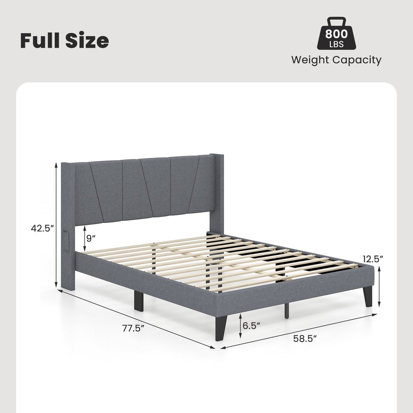 Full/Queen Size Bed Frame with Wingback Headboard and Wood Slat Support-Full Size, Gray