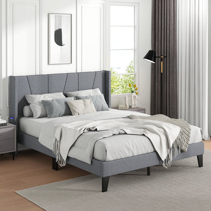 Full/Queen Size Bed Frame with Wingback Headboard and Wood Slat Support-Full Size, Gray