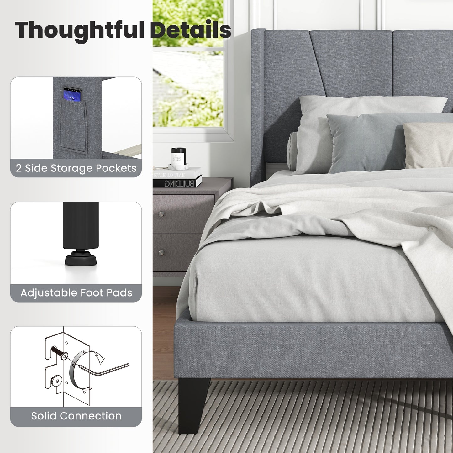 Full Queen Size Bed Frame, Wingback Headboard, Wood Slat Support, Gray Simple Bed Frame at Gallery Canada