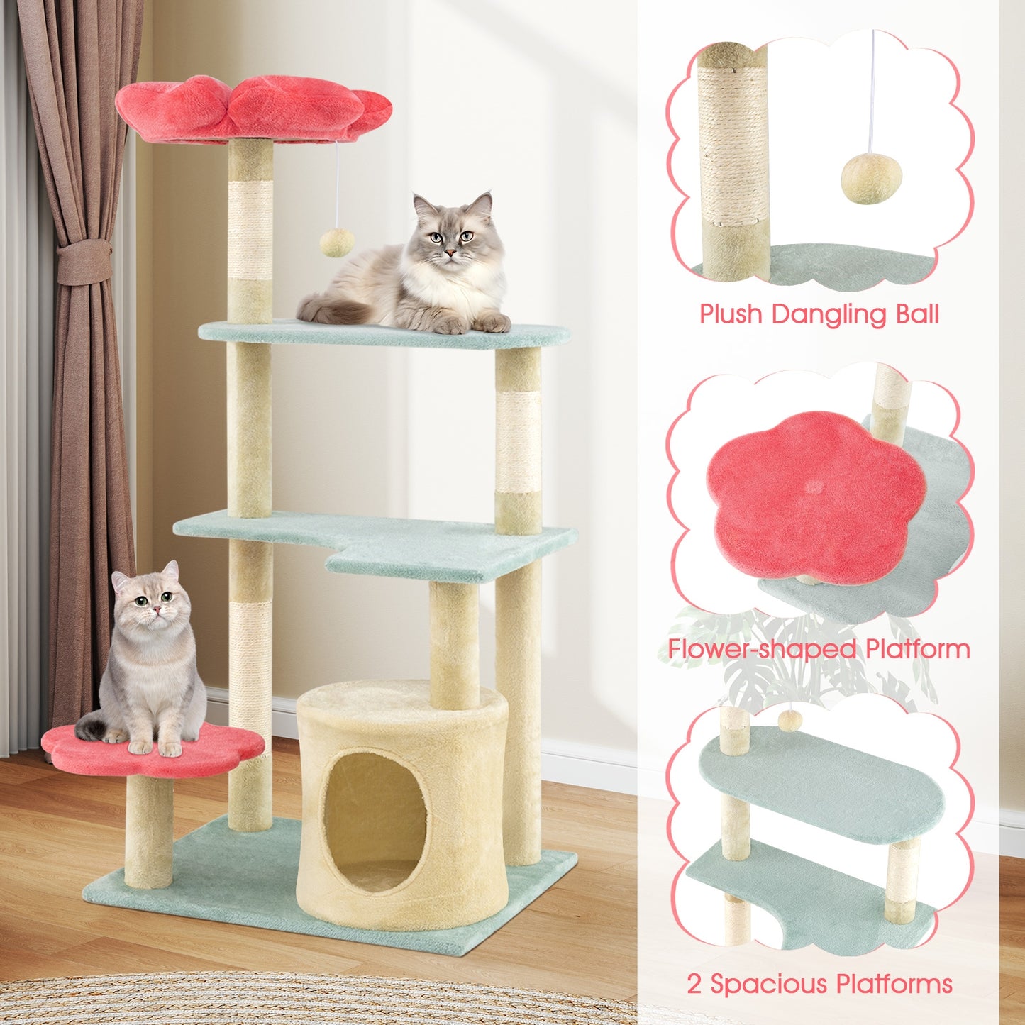 49 Inch Multi-Level Floral Kitten Tower, Flower-Shaped Plush Perch, Multicolor