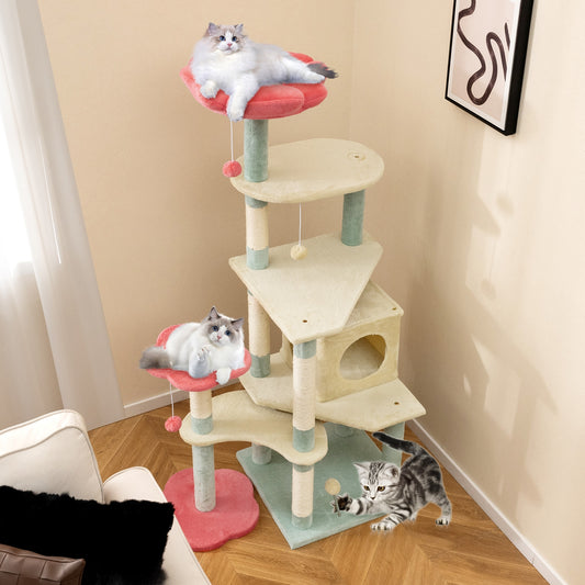 61 Inch Multi-Level Aesthetic Floral Kitten Tower with Flower-Shaped Padded Perch, Multicolor Cat Trees Condos & Scratchers Multicolor at Gallery Canada